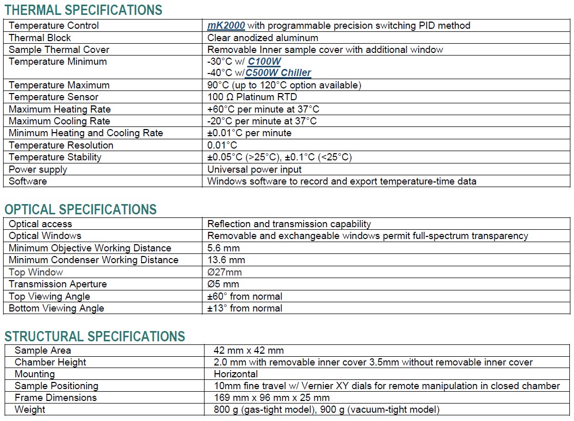 Instec_TS102GXY_Thermoelectric_Stage_specs